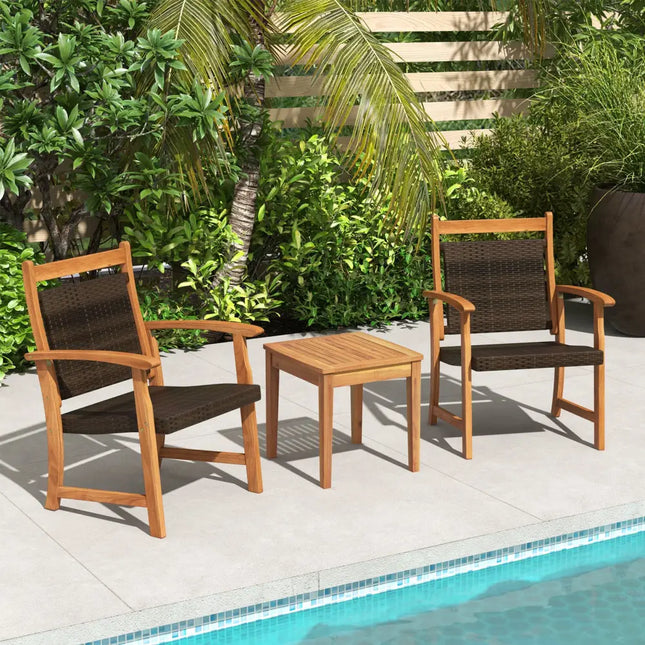 3 Pieces Rattan Bistro Set with Acacia Wood Frame for Garden - Brown - Patio Conversation Sets