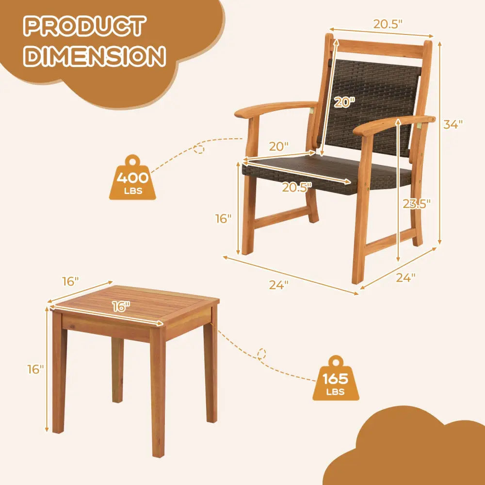 3 Pieces Rattan Bistro Set with Acacia Wood Frame for Garden - Brown - Patio Conversation Sets