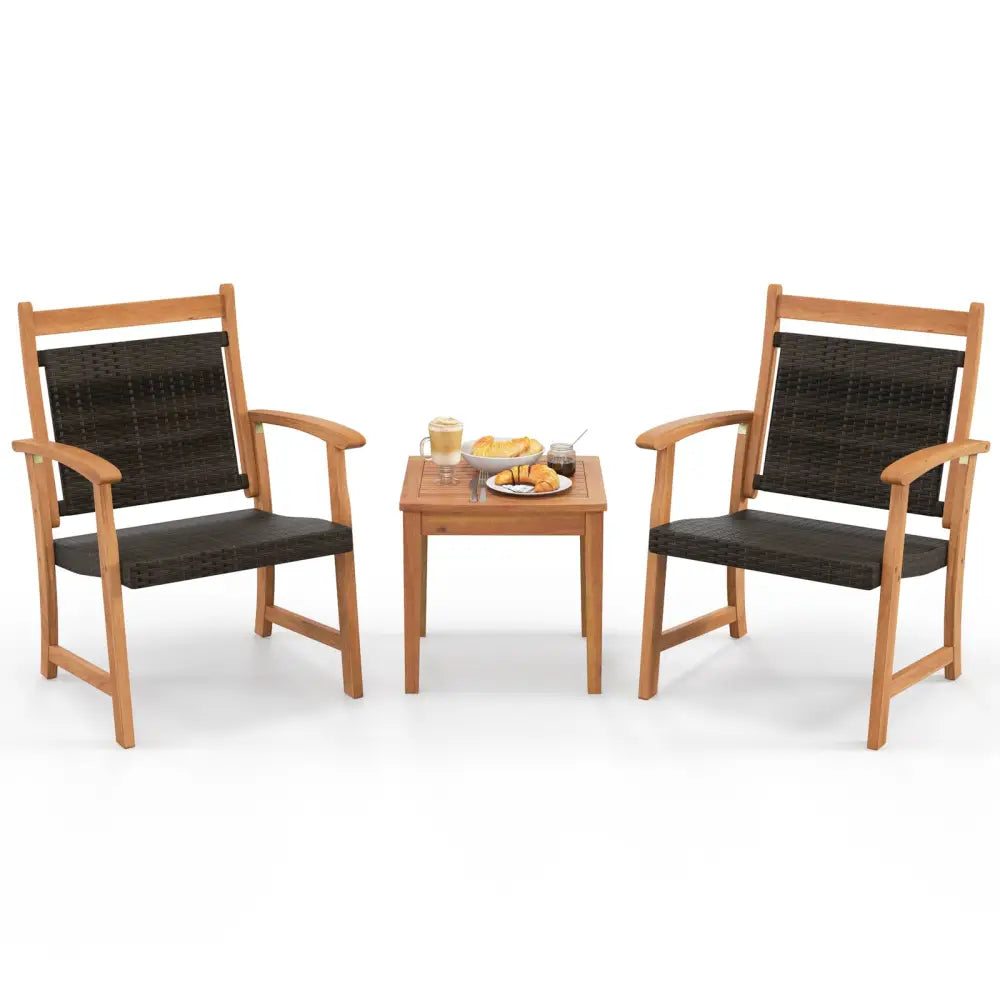 3 Pieces Rattan Bistro Set with Acacia Wood Frame for Garden - Brown - Patio Conversation Sets