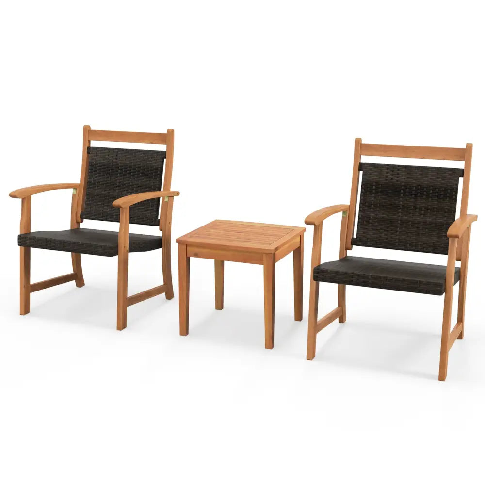 3 Pieces Rattan Bistro Set with Acacia Wood Frame for Garden - Brown - Patio Conversation Sets