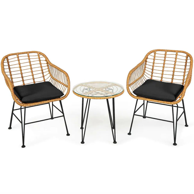 3 Pieces Rattan Furniture Set with Cushioned Chair Table-Black - Black - Patio Conversation Sets
