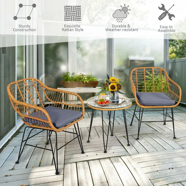 3 Pieces Rattan Furniture Set with Cushioned Chair Table-Gray - Gray - Patio Conversation Sets