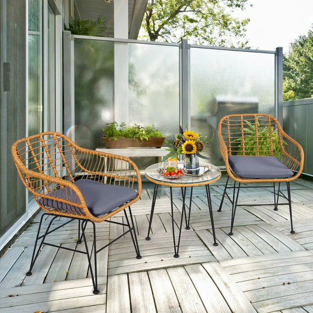3 Pieces Rattan Furniture Set with Cushioned Chair Table-Gray - Gray - Patio Conversation Sets