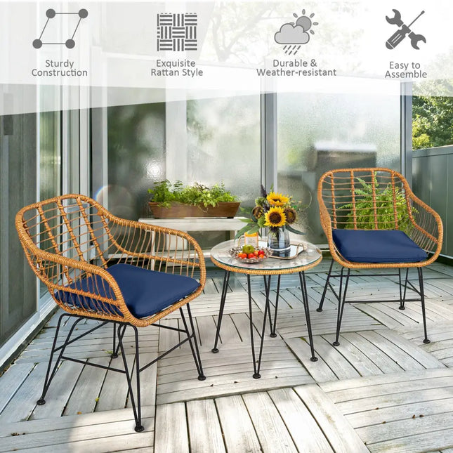 3 Pieces Rattan Furniture Set with Cushioned Chair Table-Navy - Navy - Patio Conversation Sets
