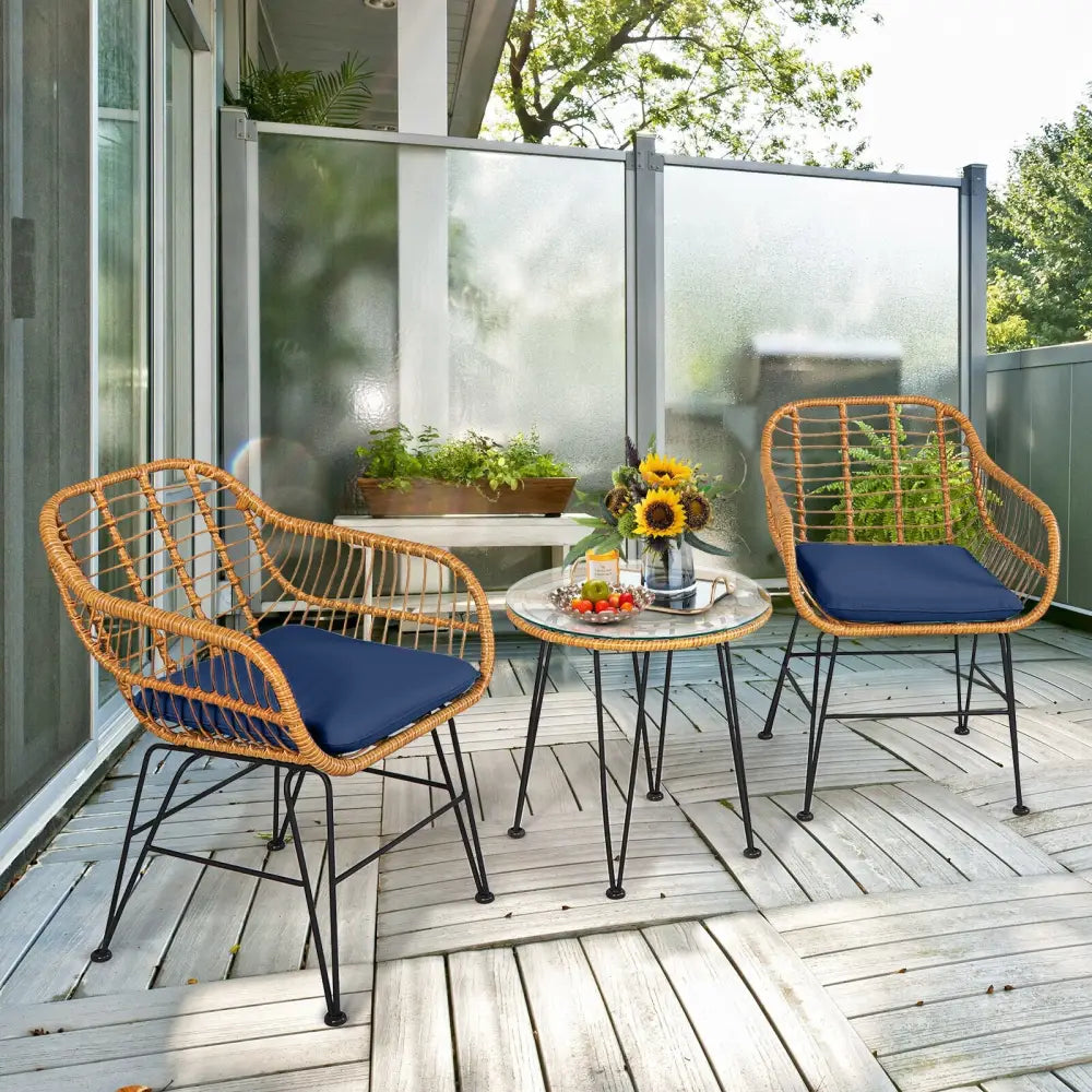 3 Pieces Rattan Furniture Set with Cushioned Chair Table-Navy - Navy - Patio Conversation Sets