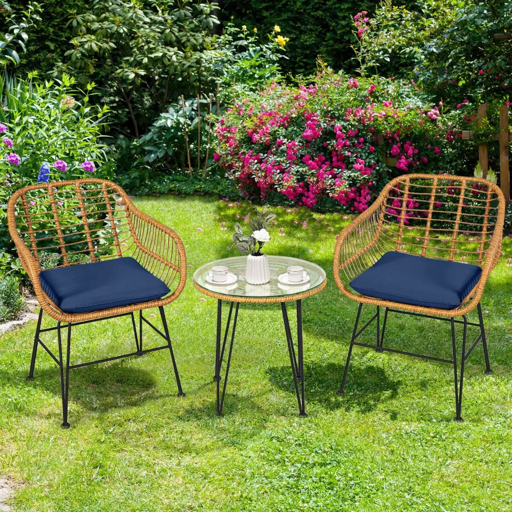 3 Pieces Rattan Furniture Set with Cushioned Chair Table-Navy - Navy - Patio Conversation Sets
