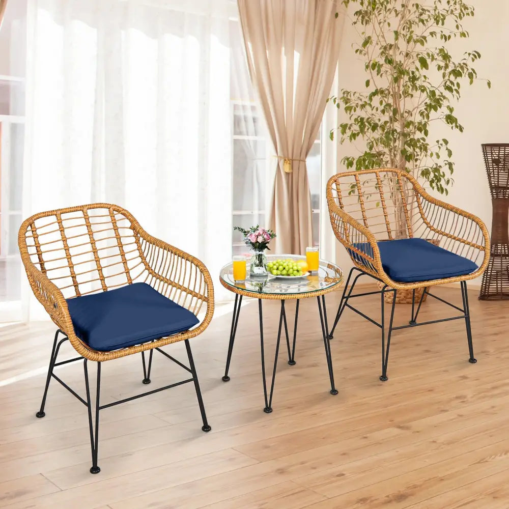 3 Pieces Rattan Furniture Set with Cushioned Chair Table-Navy - Navy - Patio Conversation Sets