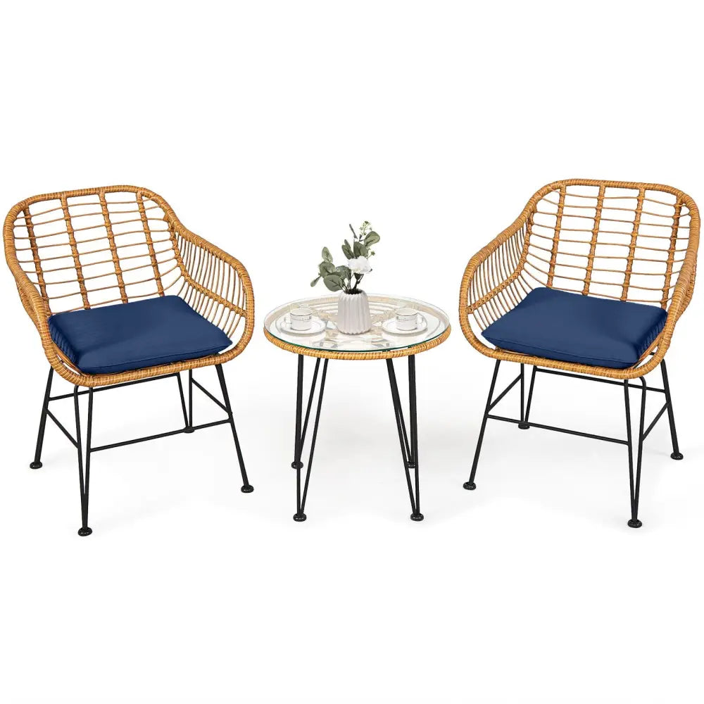 3 Pieces Rattan Furniture Set with Cushioned Chair Table-Navy - Navy - Patio Conversation Sets