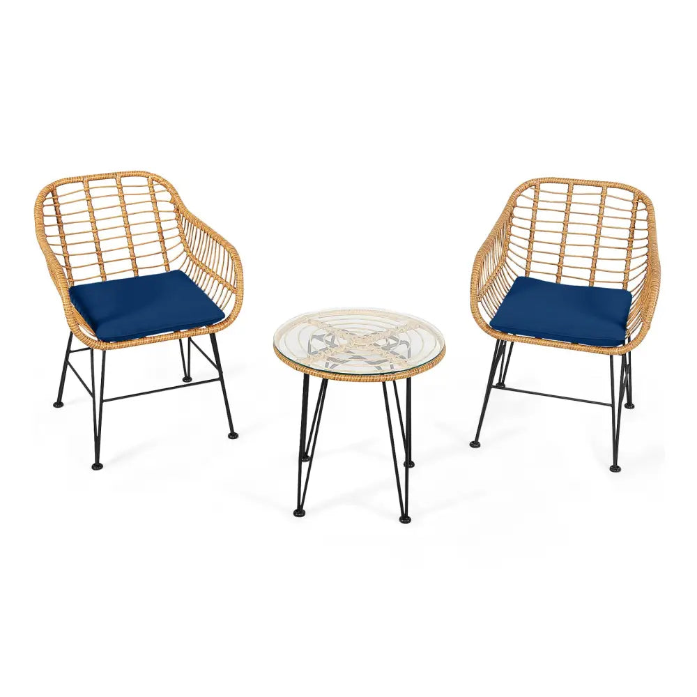 3 Pieces Rattan Furniture Set with Cushioned Chair Table-Navy - Navy - Patio Conversation Sets