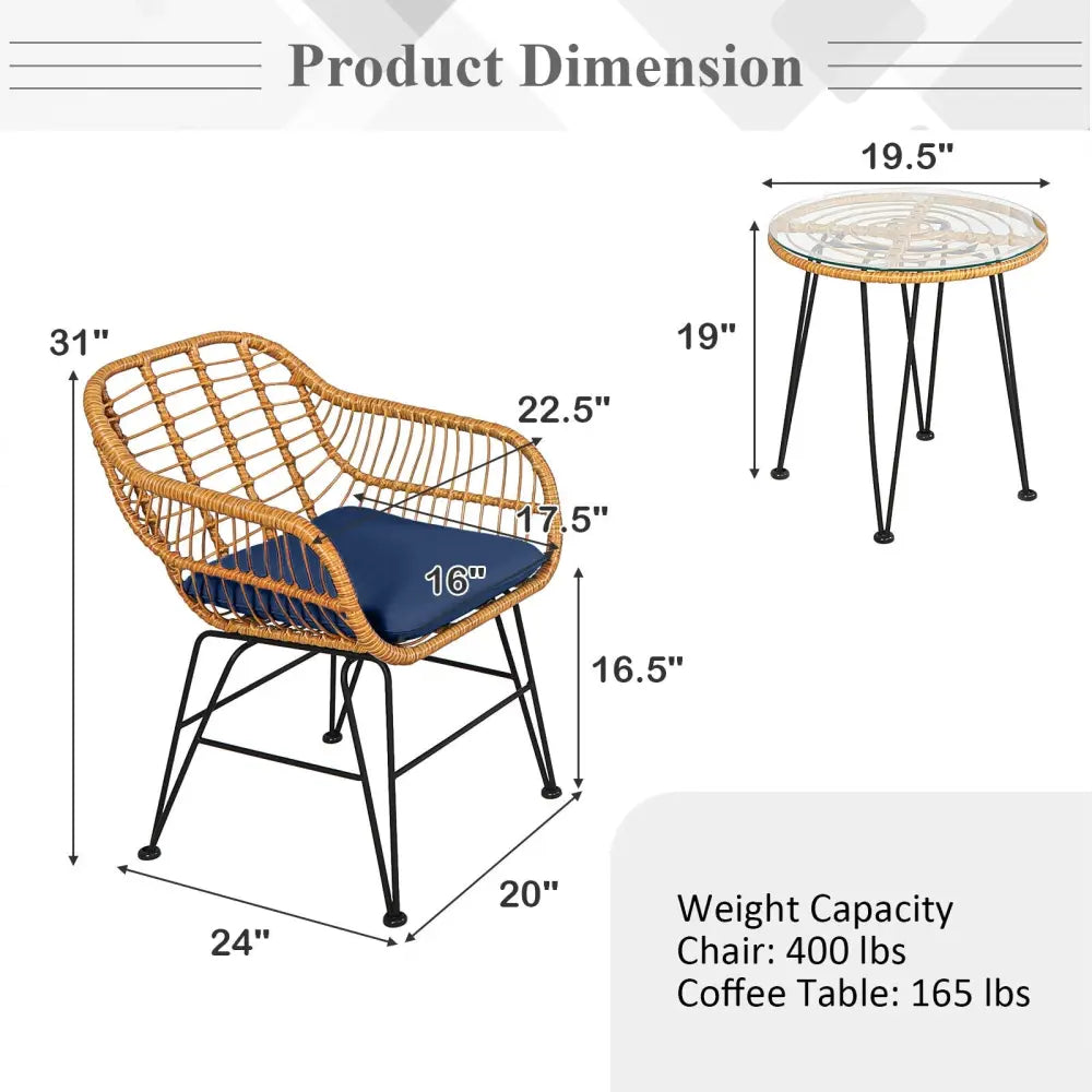 3 Pieces Rattan Furniture Set with Cushioned Chair Table-Navy - Navy - Patio Conversation Sets