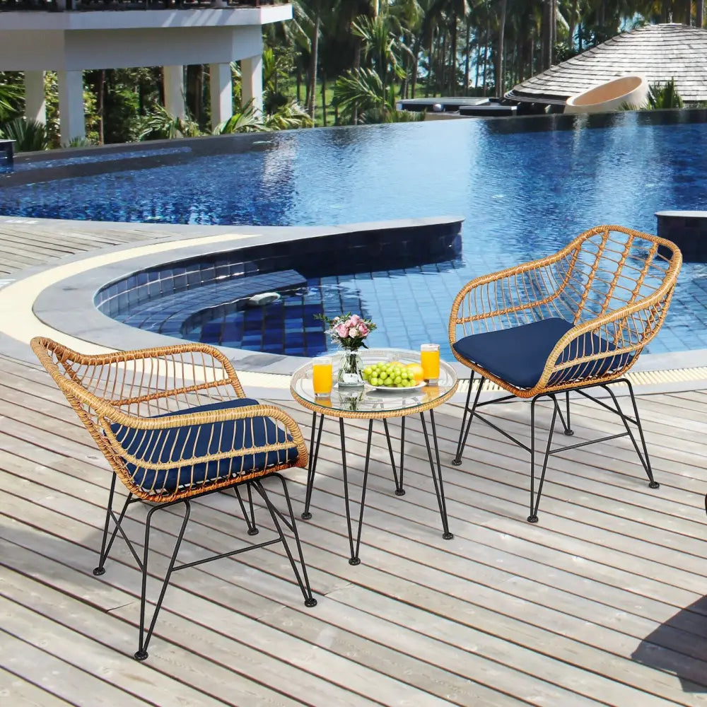 3 Pieces Rattan Furniture Set with Cushioned Chair Table-Navy - Navy - Patio Conversation Sets