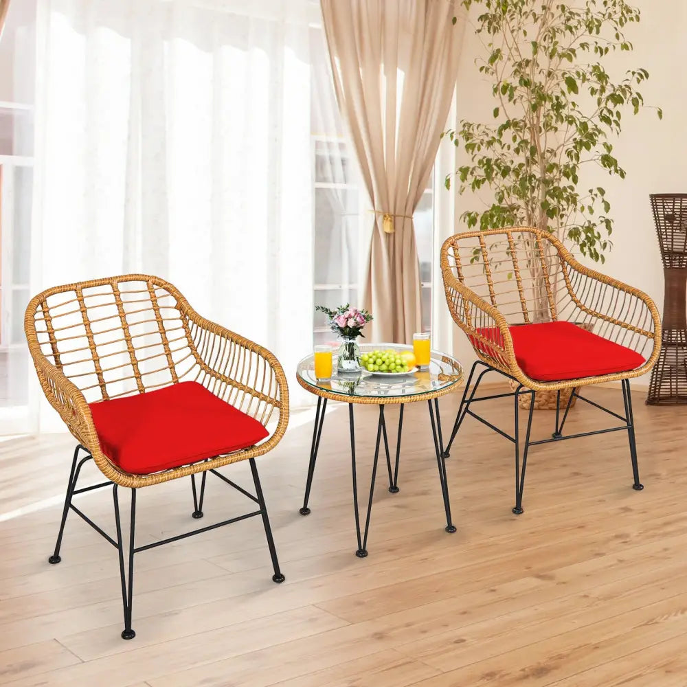 3 Pieces Rattan Furniture Set with Cushioned Chair Table-Red - Red - Patio Conversation Sets