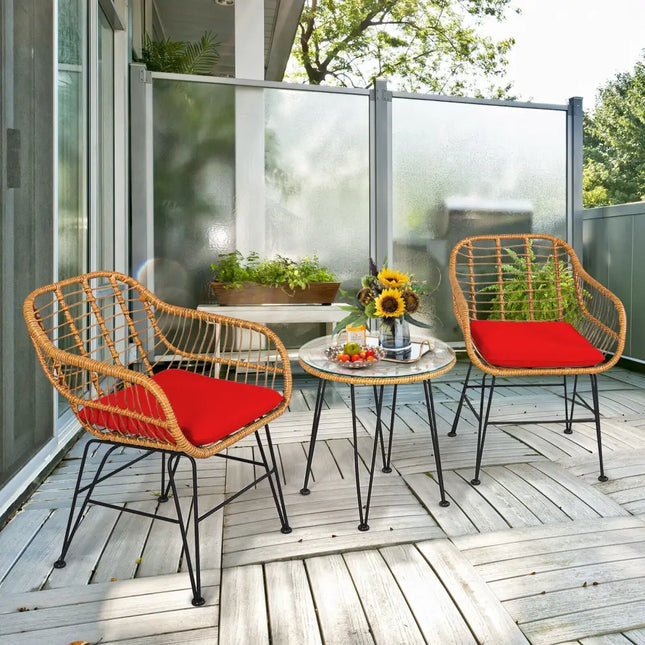 3 Pieces Rattan Furniture Set with Cushioned Chair Table-Red - Red - Patio Conversation Sets
