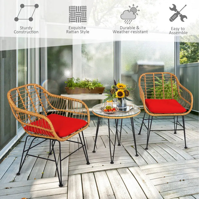 3 Pieces Rattan Furniture Set with Cushioned Chair Table-Red - Red - Patio Conversation Sets