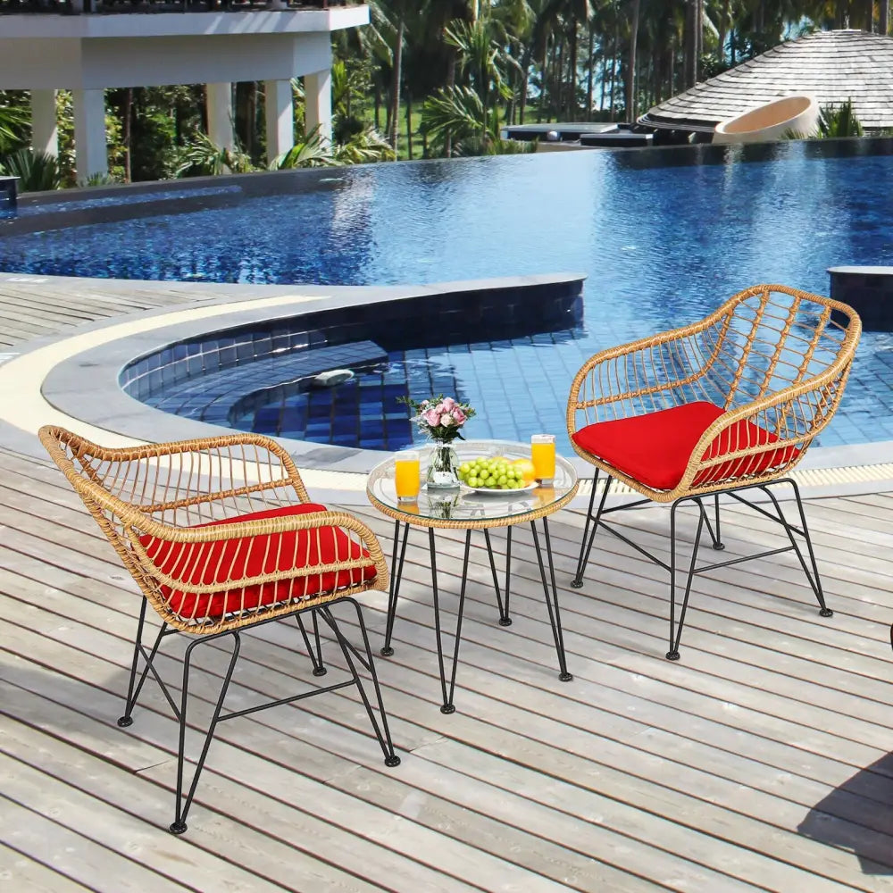 3 Pieces Rattan Furniture Set with Cushioned Chair Table-Red - Red - Patio Conversation Sets