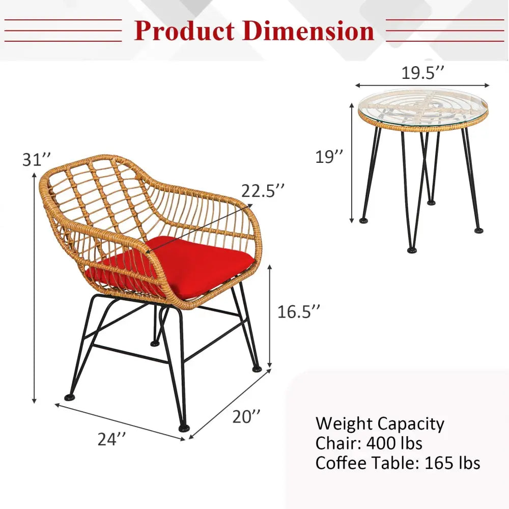 3 Pieces Rattan Furniture Set with Cushioned Chair Table-Red - Red - Patio Conversation Sets