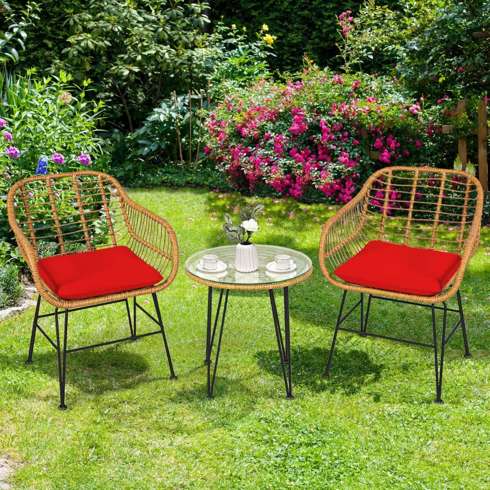 3 Pieces Rattan Furniture Set with Cushioned Chair Table-Red - Red - Patio Conversation Sets
