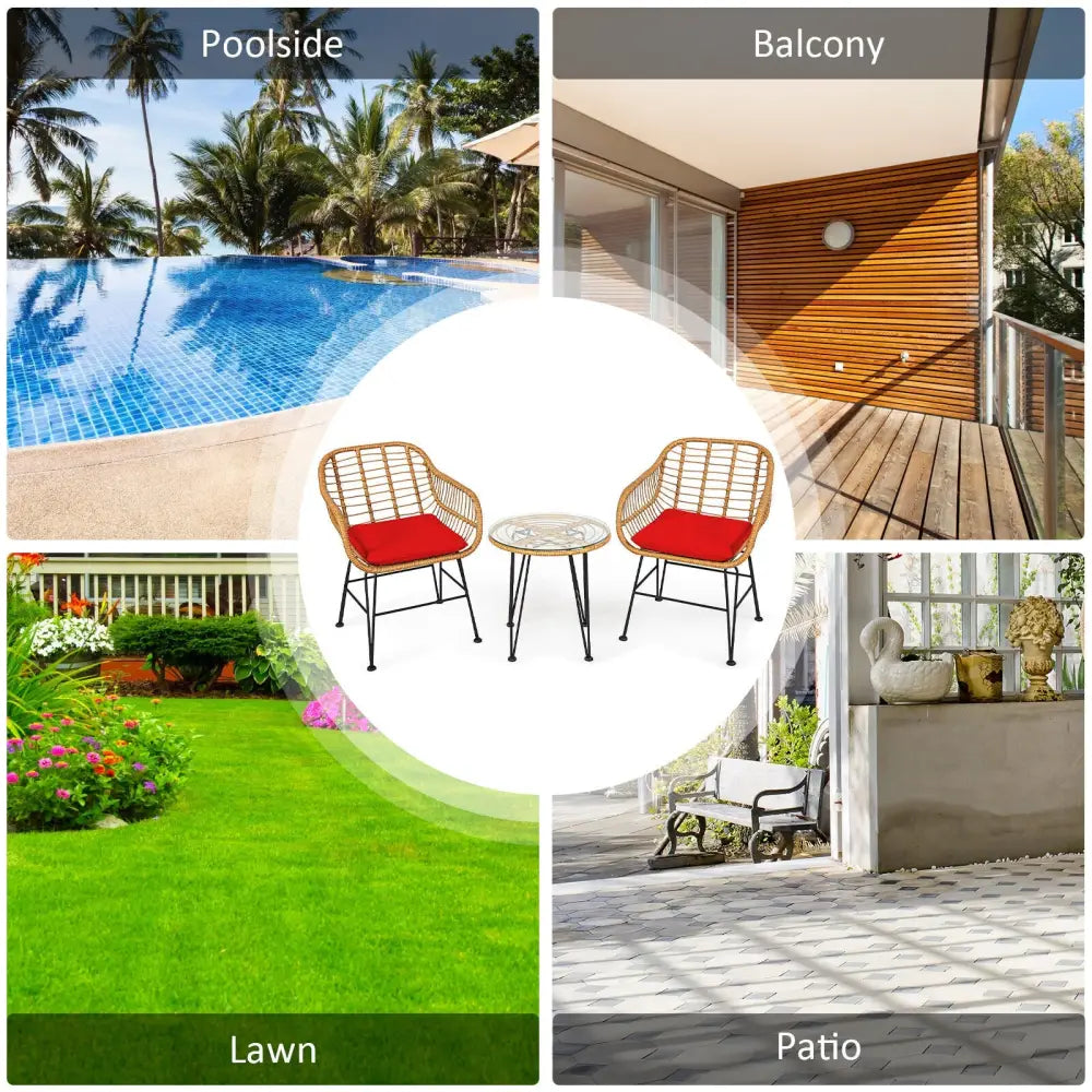 3 Pieces Rattan Furniture Set with Cushioned Chair Table-Red - Red - Patio Conversation Sets