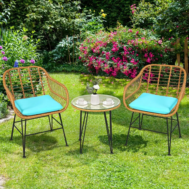 3 Pieces Rattan Furniture Set with Cushioned Chair Table-Turquoise - Turquoise - Patio Conversation Sets