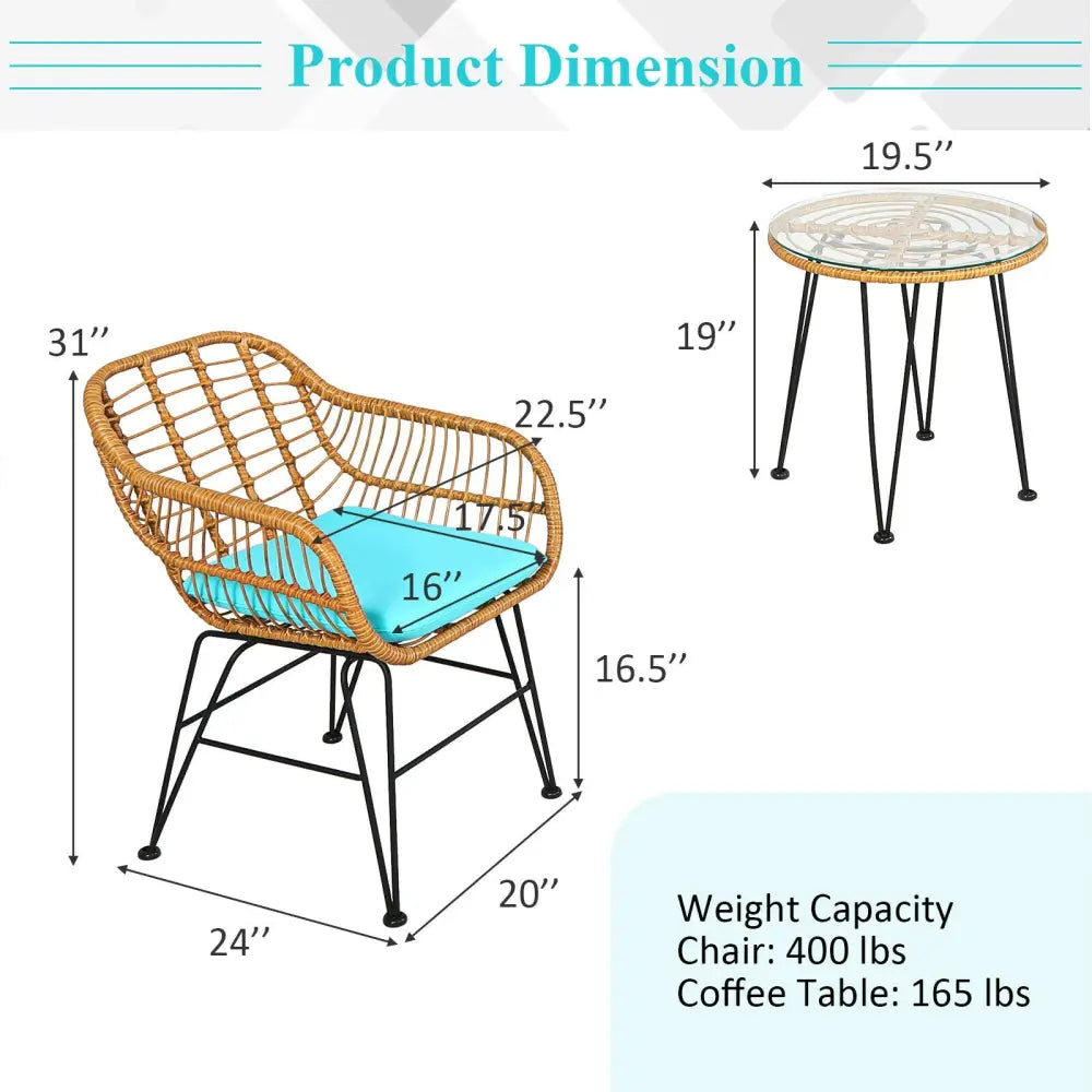 3 Pieces Rattan Furniture Set with Cushioned Chair Table-Turquoise - Turquoise - Patio Conversation Sets