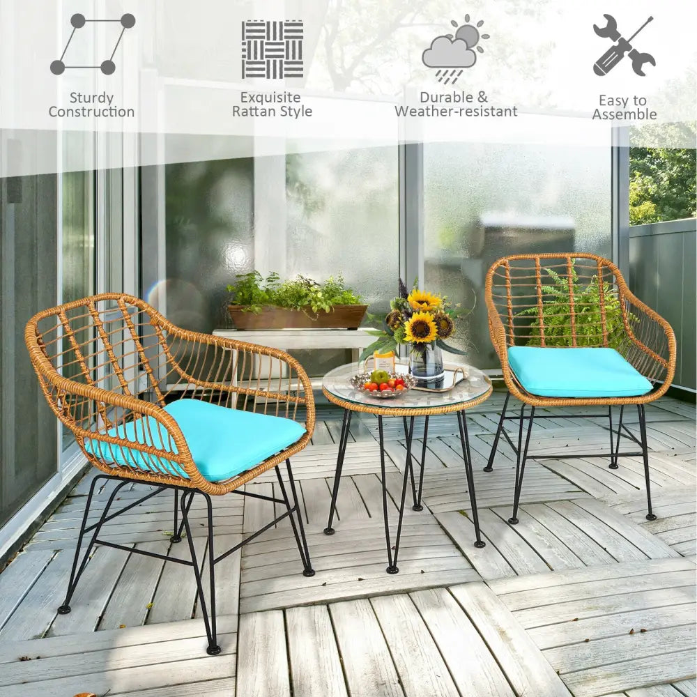 3 Pieces Rattan Furniture Set with Cushioned Chair Table-Turquoise - Turquoise - Patio Conversation Sets