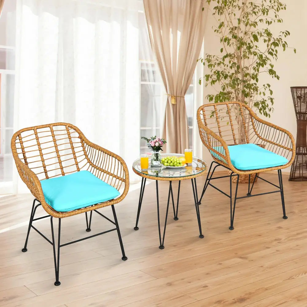 3 Pieces Rattan Furniture Set with Cushioned Chair Table-Turquoise - Turquoise - Patio Conversation Sets