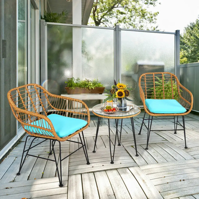 3 Pieces Rattan Furniture Set with Cushioned Chair Table-Turquoise - Turquoise - Patio Conversation Sets