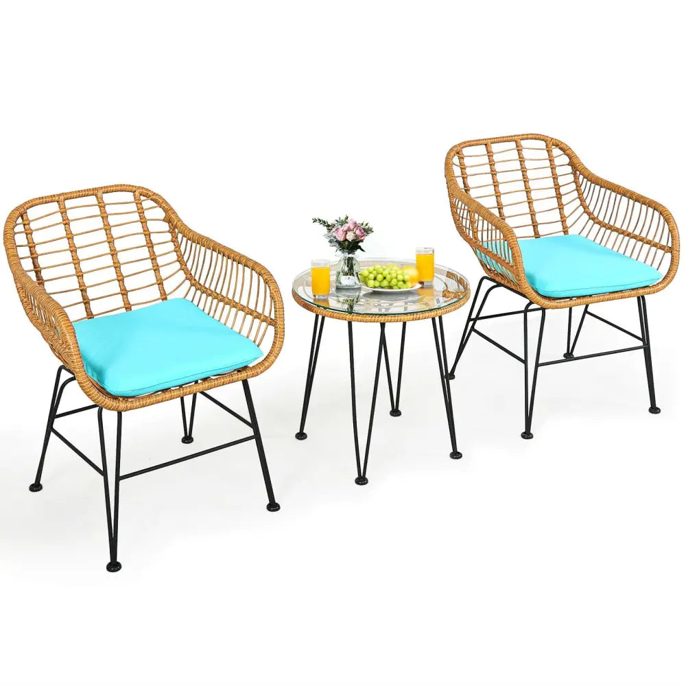 3 Pieces Rattan Furniture Set with Cushioned Chair Table-Turquoise - Turquoise - Patio Conversation Sets