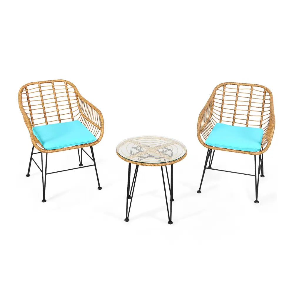 3 Pieces Rattan Furniture Set with Cushioned Chair Table-Turquoise - Turquoise - Patio Conversation Sets