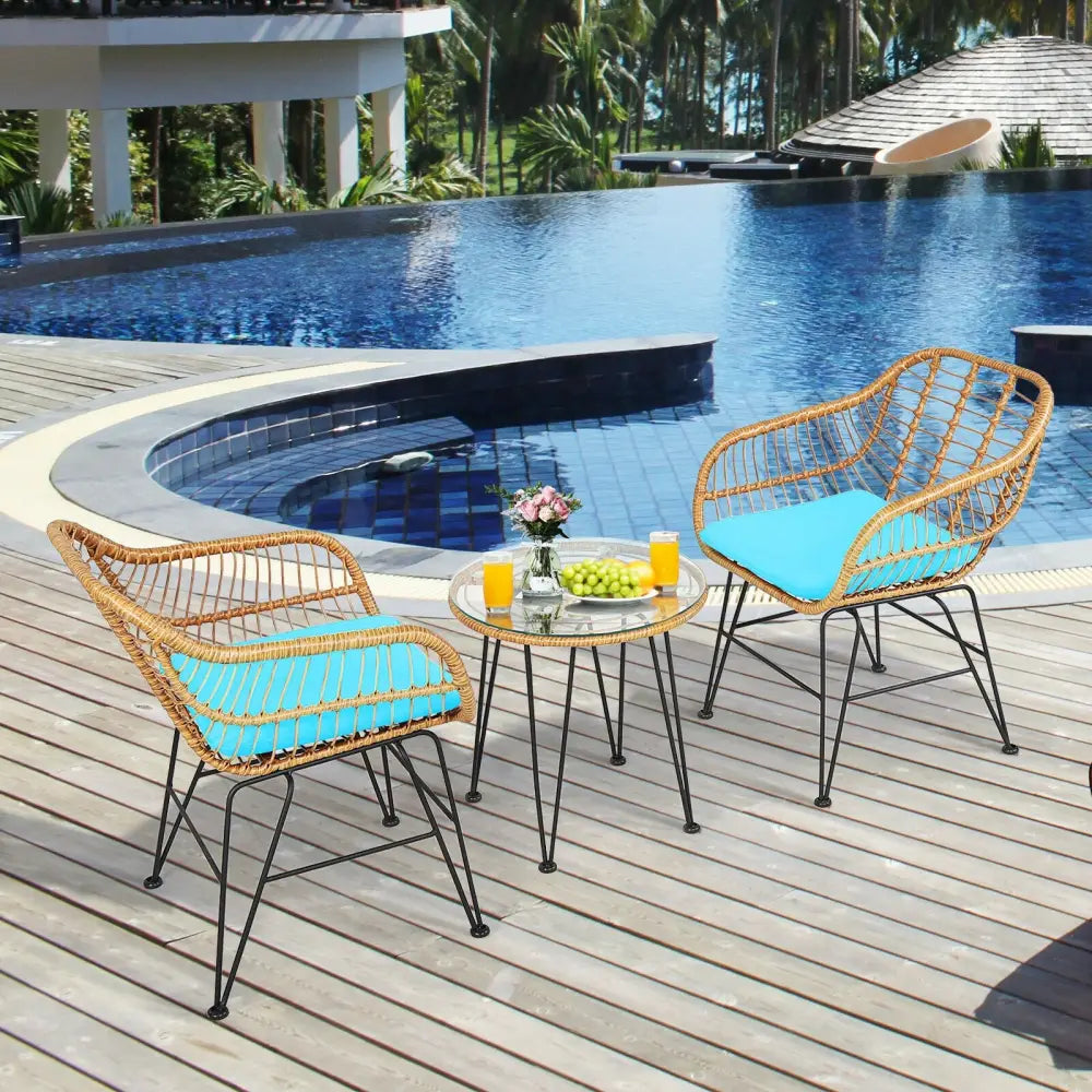 3 Pieces Rattan Furniture Set with Cushioned Chair Table-Turquoise - Turquoise - Patio Conversation Sets