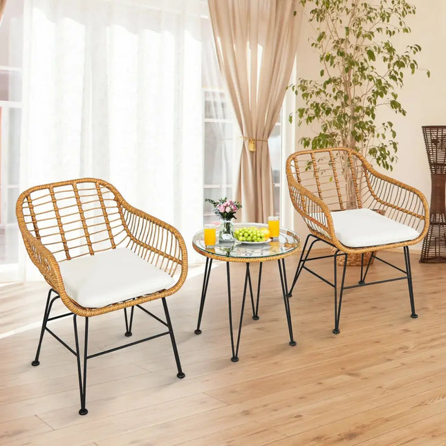 3 Pieces Rattan Furniture Set with Cushioned Chair Table-White - White - Patio Conversation Sets