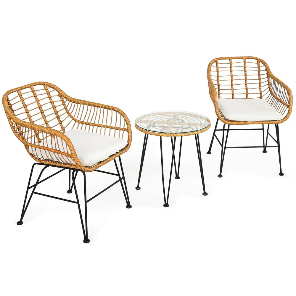 3 Pieces Rattan Furniture Set with Cushioned Chair Table-White - White - Patio Conversation Sets