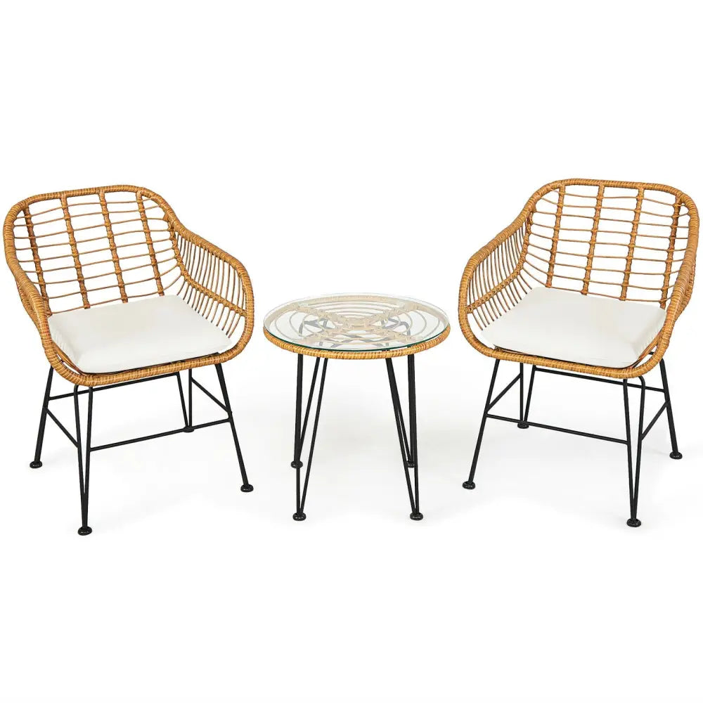 3 Pieces Rattan Furniture Set with Cushioned Chair Table-White - White - Patio Conversation Sets