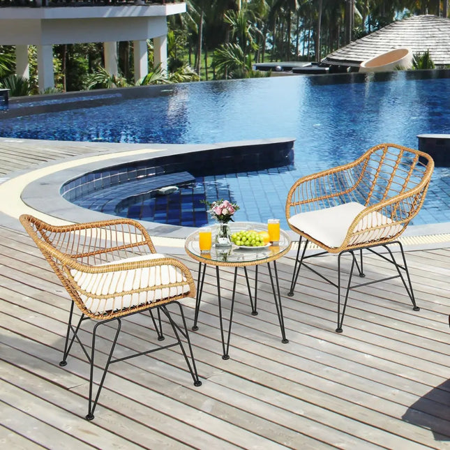 3 Pieces Rattan Furniture Set with Cushioned Chair Table-White - White - Patio Conversation Sets