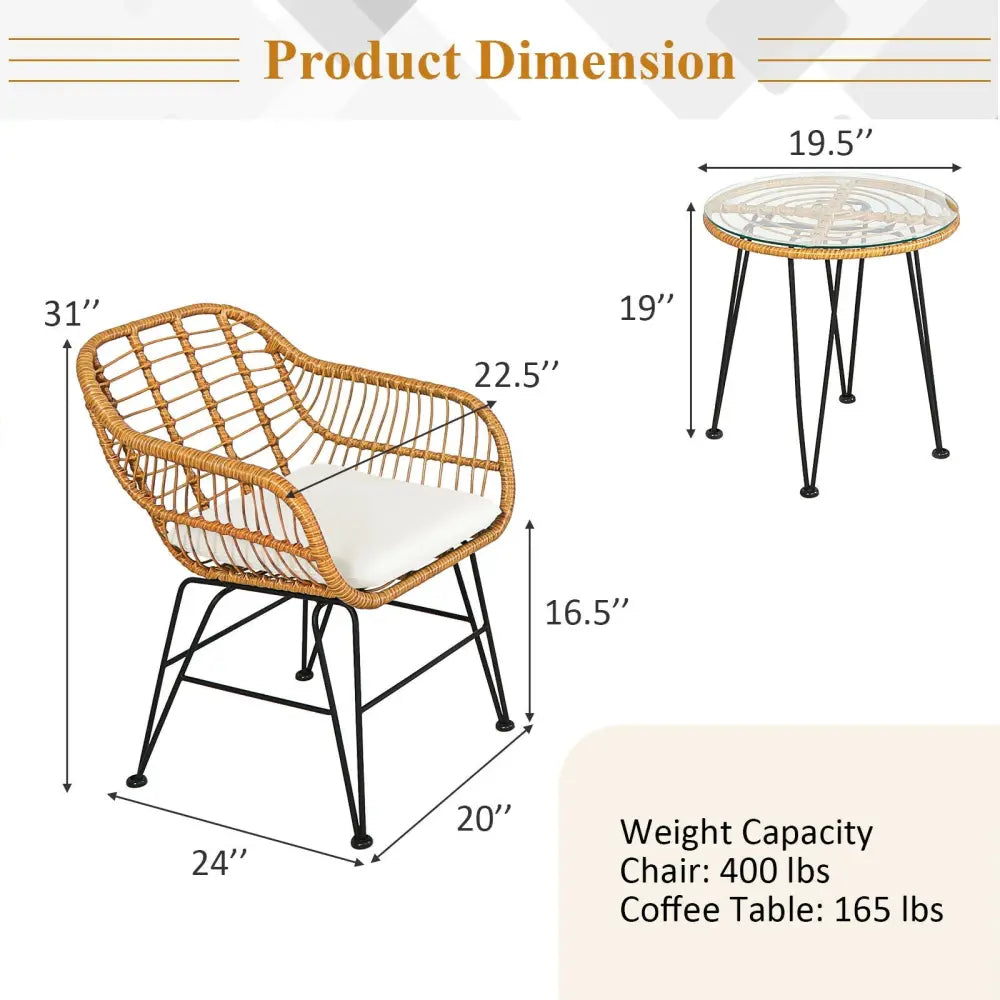 3 Pieces Rattan Furniture Set with Cushioned Chair Table-White - White - Patio Conversation Sets