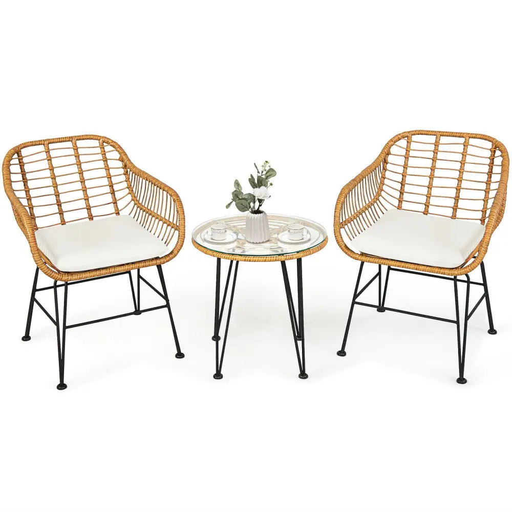 3 Pieces Rattan Furniture Set with Cushioned Chair Table-White - White - Patio Conversation Sets