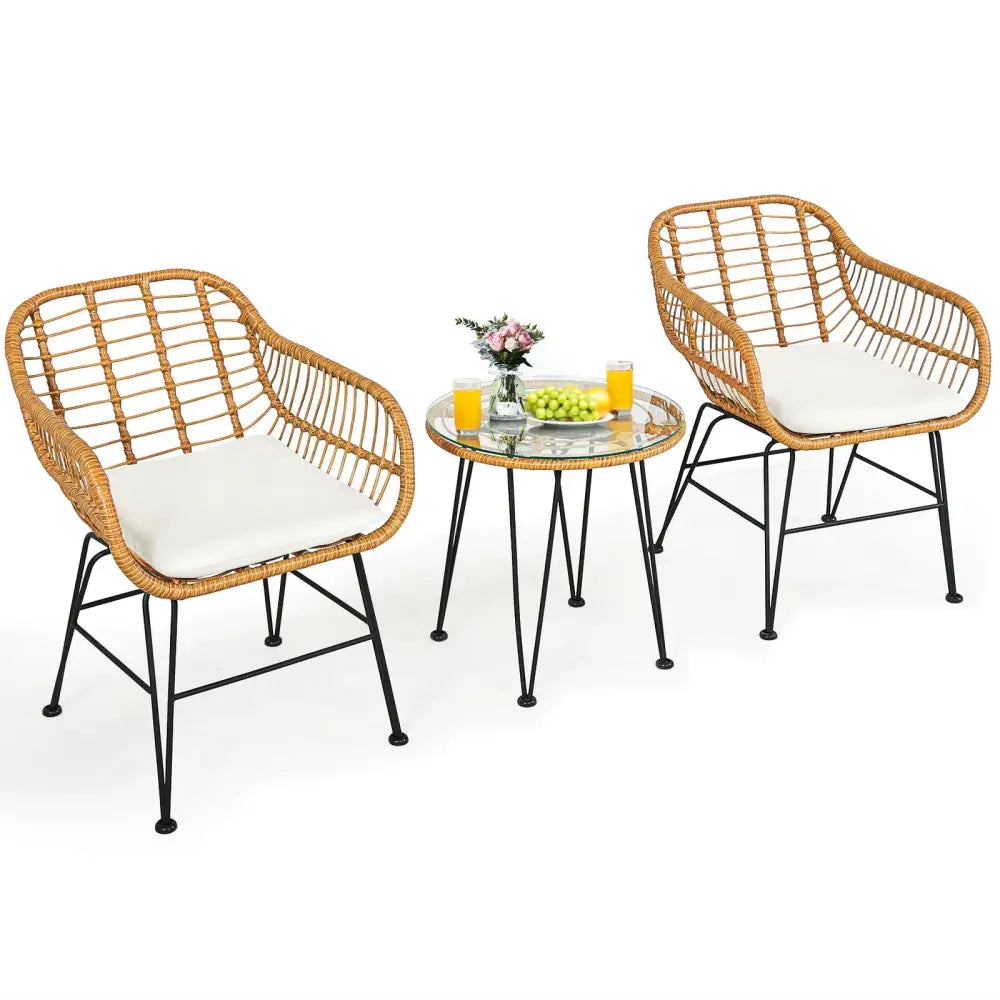 3 Pieces Rattan Furniture Set with Cushioned Chair Table-White - White - Patio Conversation Sets
