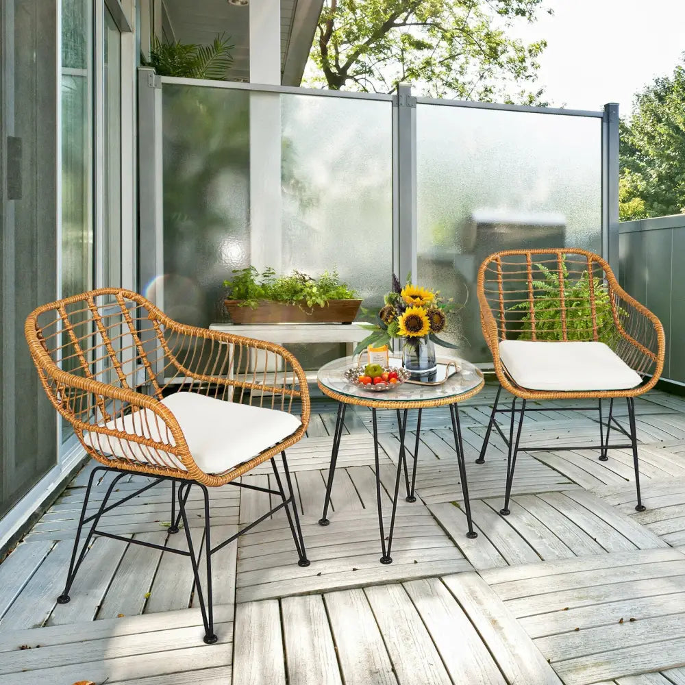 3 Pieces Rattan Furniture Set with Cushioned Chair Table-White - White - Patio Conversation Sets
