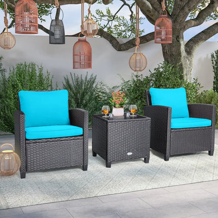 3 Pieces Rattan Patio Furniture Set with Washable Cushion-Beige & Turquoise - Beige & Turquoise - Patio Conversation