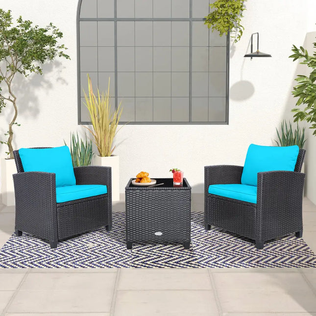 3 Pieces Rattan Patio Furniture Set with Washable Cushion-Beige & Turquoise - Beige & Turquoise - Patio Conversation