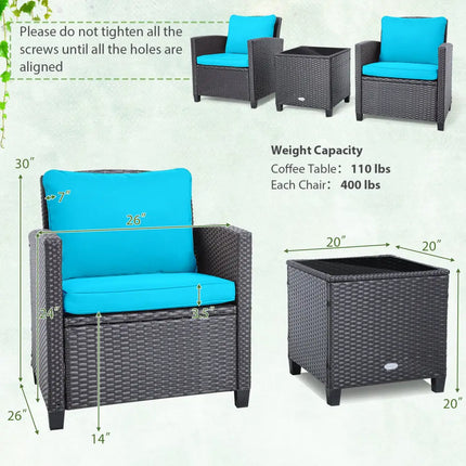 3 Pieces Rattan Patio Furniture Set with Washable Cushion-Beige & Turquoise - Beige & Turquoise - Patio Conversation
