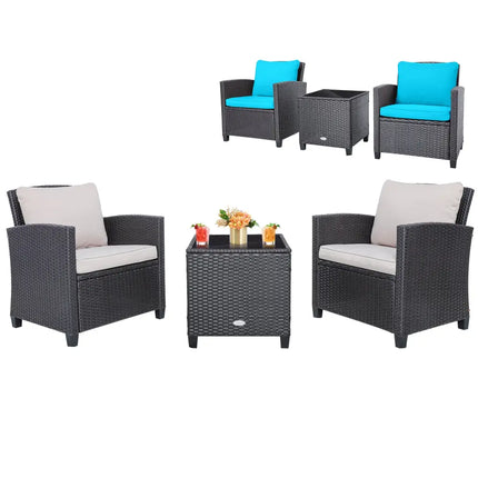 3 Pieces Rattan Patio Furniture Set with Washable Cushion-Beige & Turquoise - Beige & Turquoise - Patio Conversation