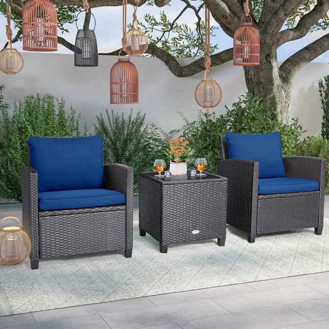 3 Pieces Rattan Patio Furniture Set with Washable Cushion-Dark Blue - Dark Blue - Patio Conversation Sets