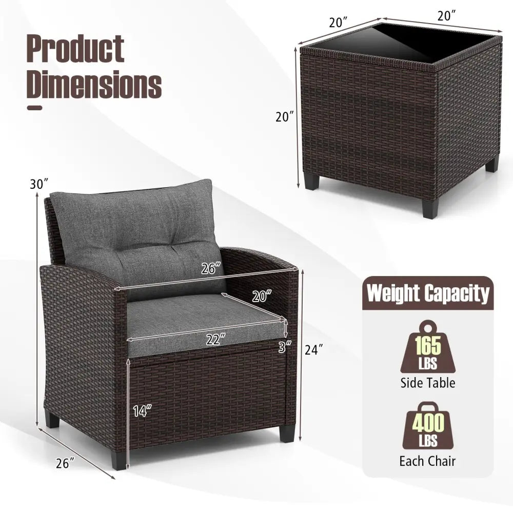 3 Pieces Rattan Patio Furniture Set with Washable Cushion-Gray - Gray - Patio Conversation Sets