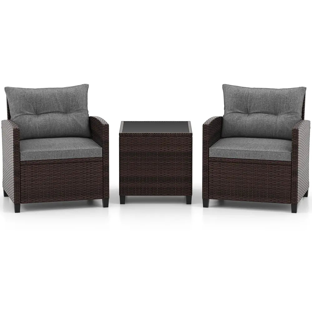 3 Pieces Rattan Patio Furniture Set with Washable Cushion-Gray - Gray - Patio Conversation Sets