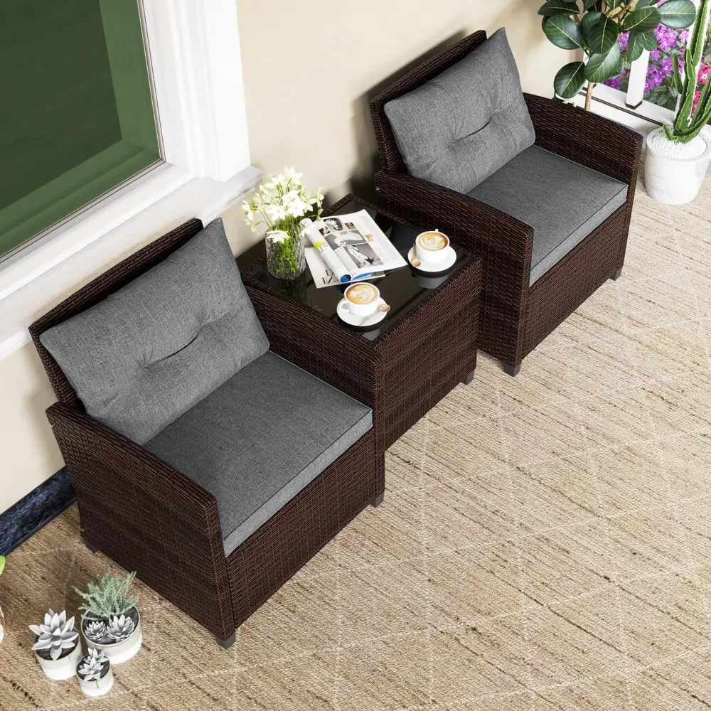 3 Pieces Rattan Patio Furniture Set with Washable Cushion-Gray - Gray - Patio Conversation Sets