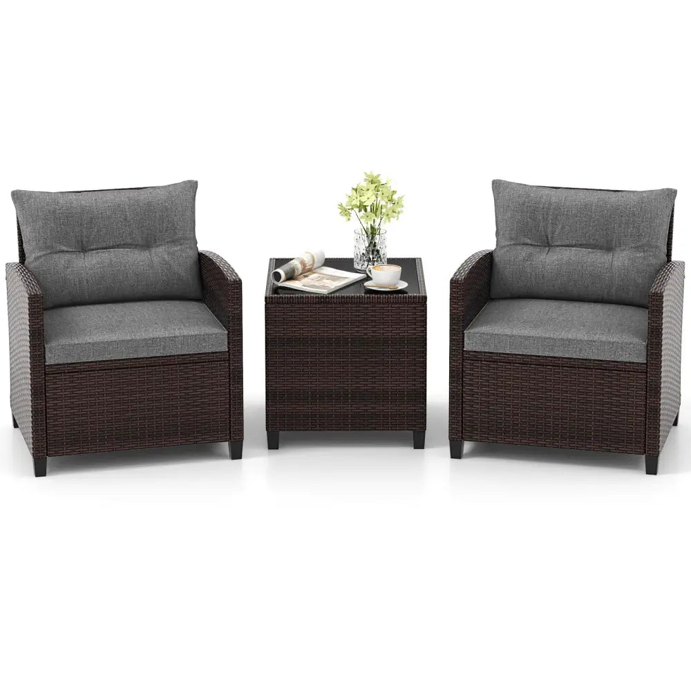 3 Pieces Rattan Patio Furniture Set with Washable Cushion-Gray - Gray - Patio Conversation Sets
