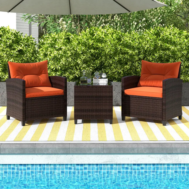 3 Pieces Rattan Patio Furniture Set with Washable Cushion-Orange - Orange - Patio Conversation Sets