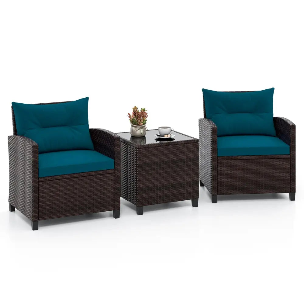 3 Pieces Rattan Patio Furniture Set with Washable Cushion-Peacock Blue - Peacock Blue - Patio Conversation Sets