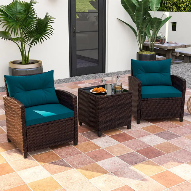 3 Pieces Rattan Patio Furniture Set with Washable Cushion-Peacock Blue - Peacock Blue - Patio Conversation Sets